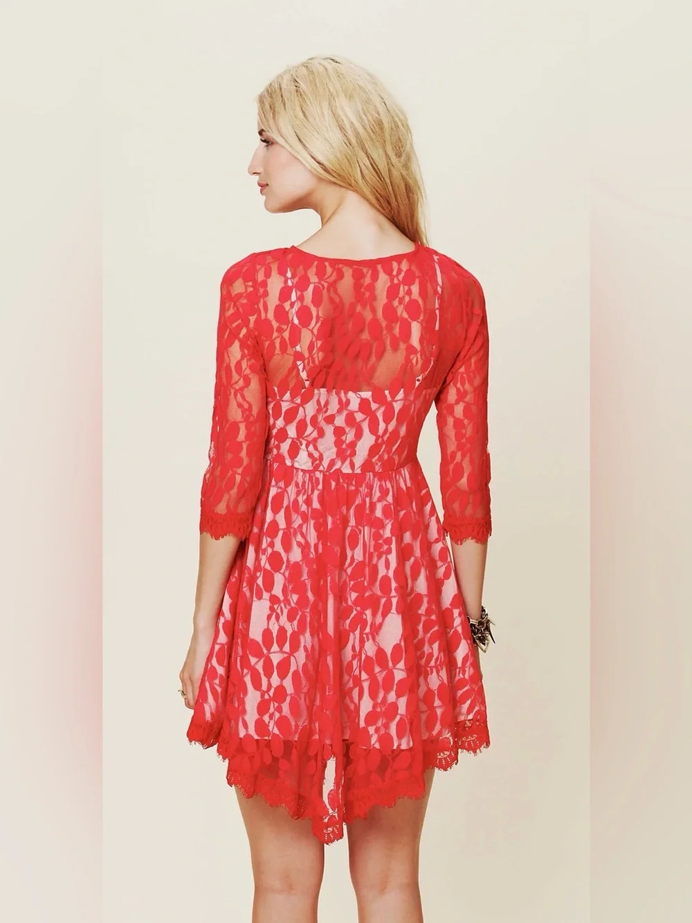 Free People Floral Lace Mesh Mini Dress Women's Size 4 Red Boho Festival
